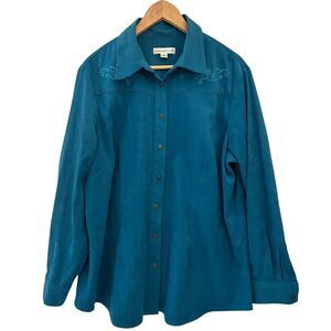 Coldwater‎ Creek Teal Floral Embroidered Button Up Western Style Shirt Size 2X